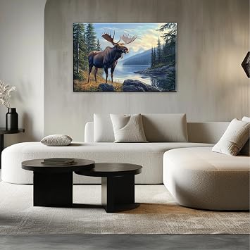 OAAPITI Moose Wall Art Moose In The River Art Print Painting Wilderness Animal Canvas Posters Rustic Farmhouse Poster Artwork For Office Home Bedroom Kitchen Decor(Artwork-3,12x18)