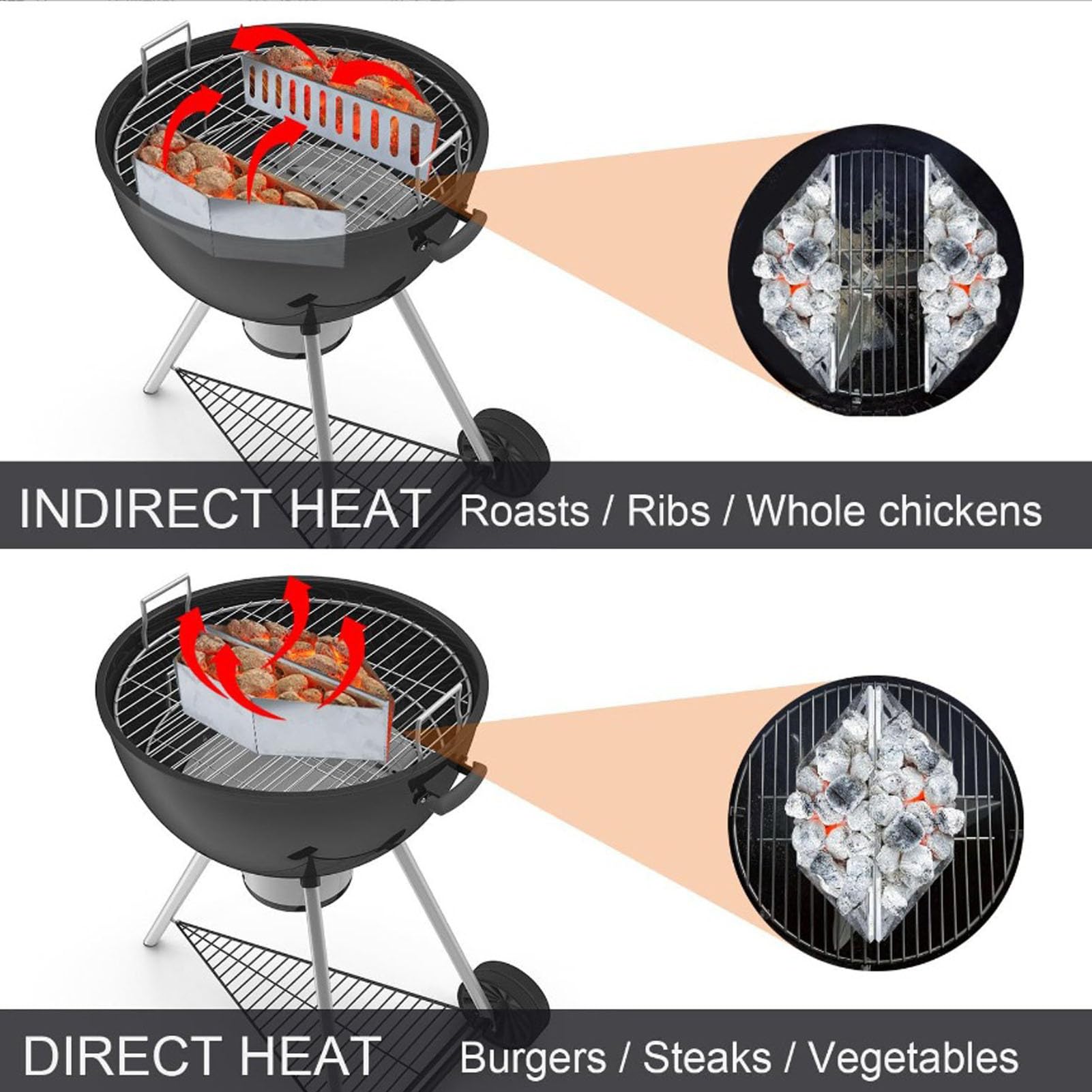 Set di 2 cestini a carbonella per il calore diretto e indiretto, per barbecue a carbonella da 47, 57 e 67 cm, 38,5 x 11 x 7,5 cm, in acciaio inox