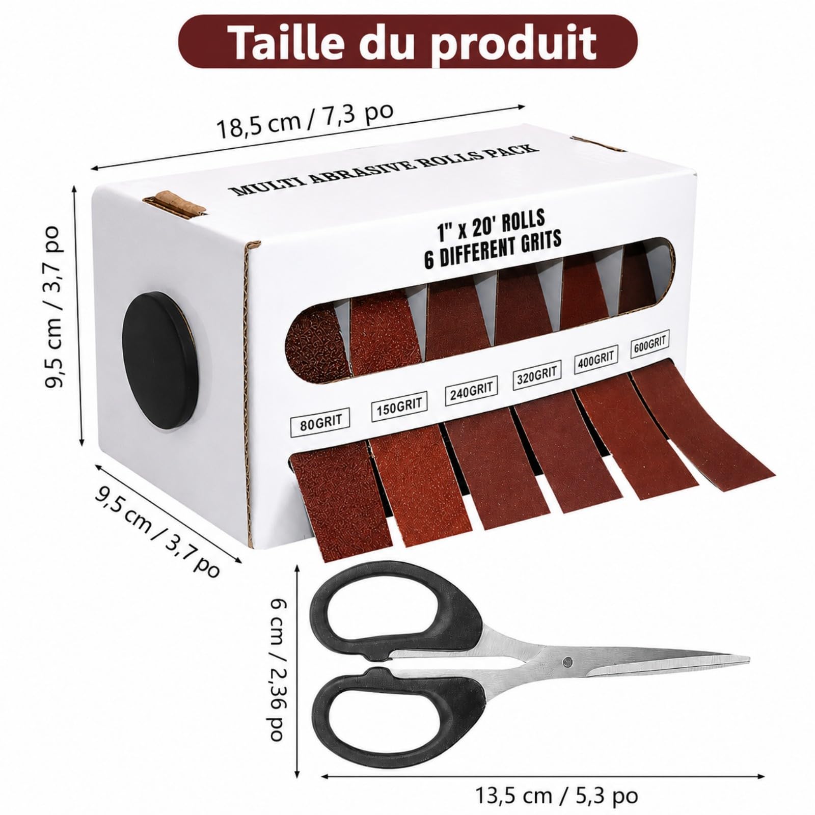 Rouleaux de Toile Émeri 80/150/240/320/400/600 Grit, Papier Abrasif 25 mm x 6 m à l’Oxyde d’Aluminium, Ponçage Sec et Humide pour Bois, Métal, Meubles, Carrosserie Voiture – Distributeur + Ciseaux