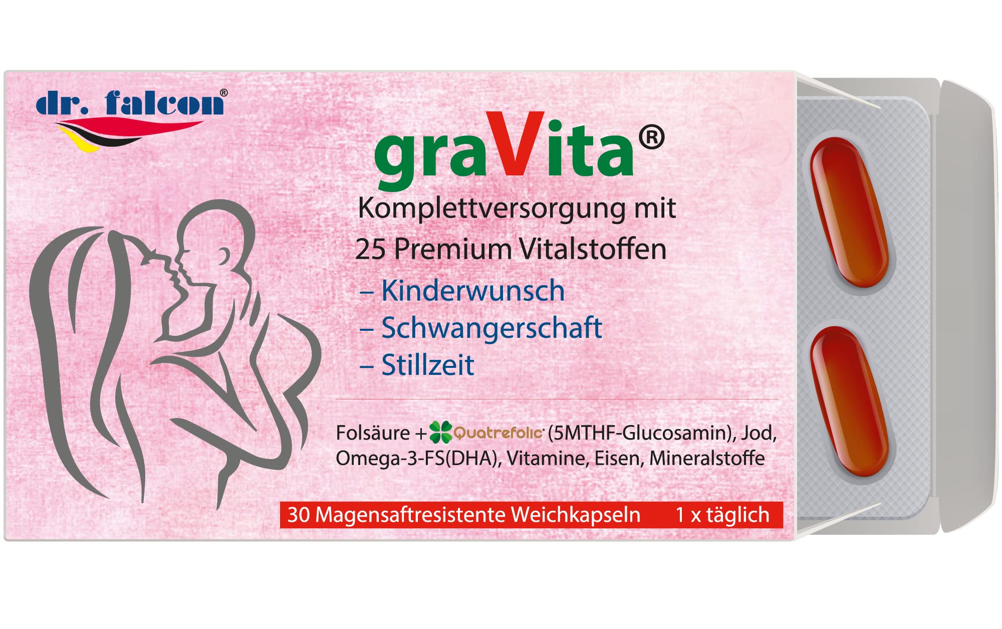 graVita – 25 Nährstoffe für Kinderwunsch, Schwangerschaft und Stillzeit - 30 Kapseln | enthält Folsäure, Quatrefolic, Omega-3, DHA, Vitamin D3 + K2, Jod, Eisen, Selen