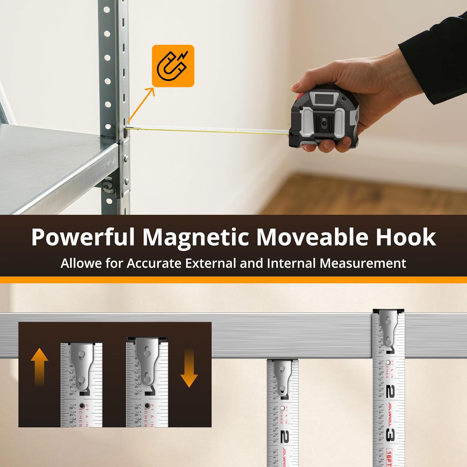 JolyWell 2-in-1 Laser Tape Measure showing magnetic hook and internal/external measurement