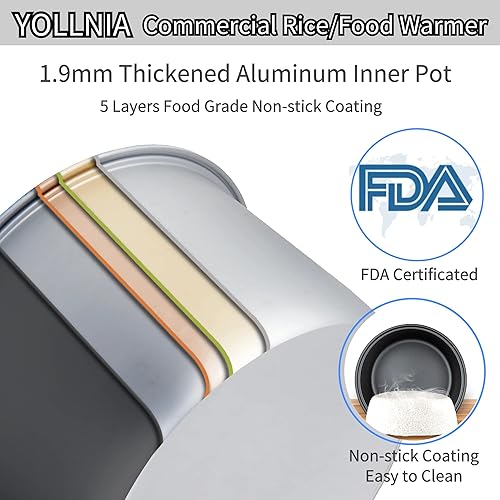 Miniatura 3 de YOLLNIA Calentador de arroz comercial (no es una cocina) portátil de 18.1 cuartos de galón  100 tazas de alimentos y arroz  122  - 178  temperatura