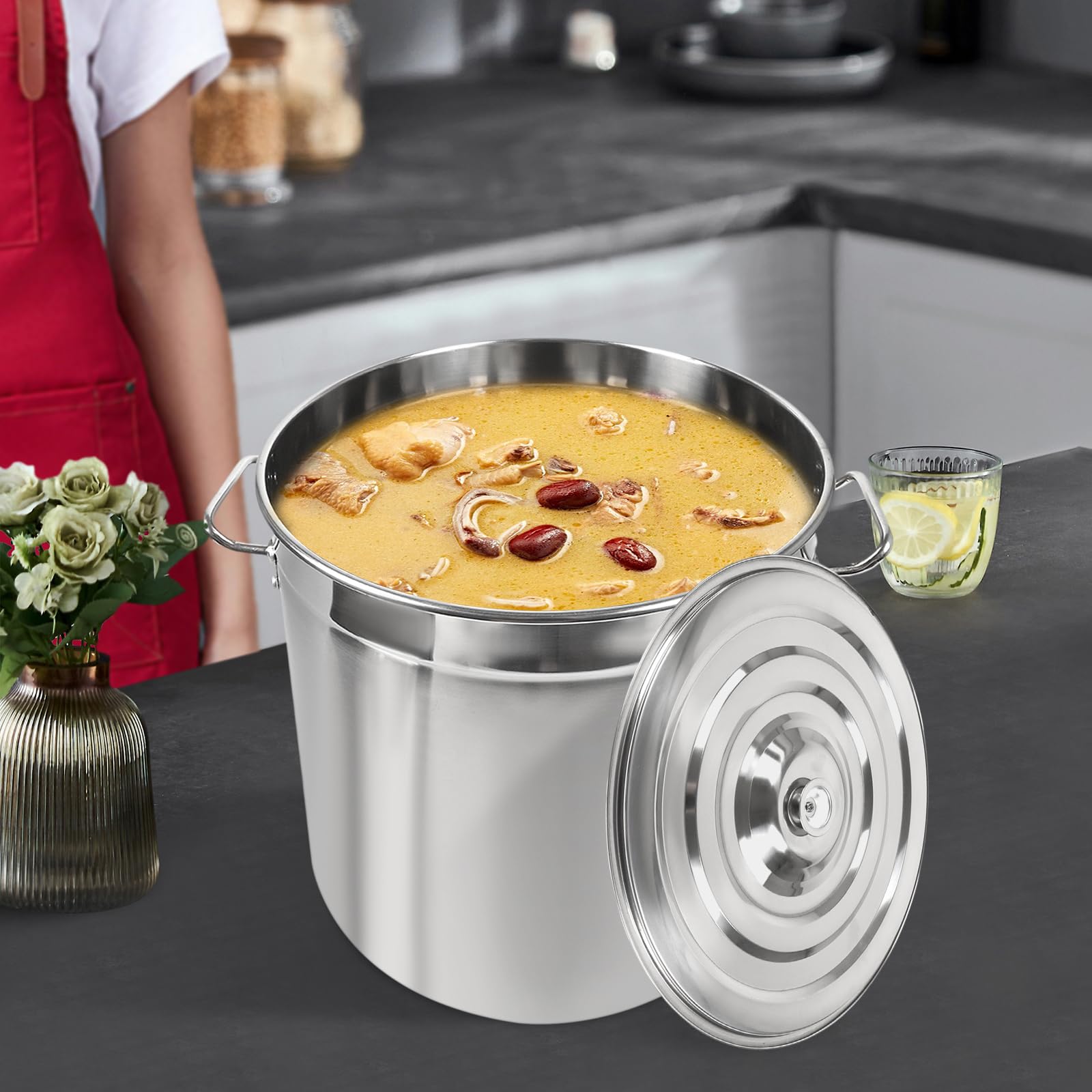 Olla de Acero Inoxidable de 50 L Con Tapa - Sopa de Gran Capacidad, Cacerola de Camping, para Pasta, Universal, 40 cm