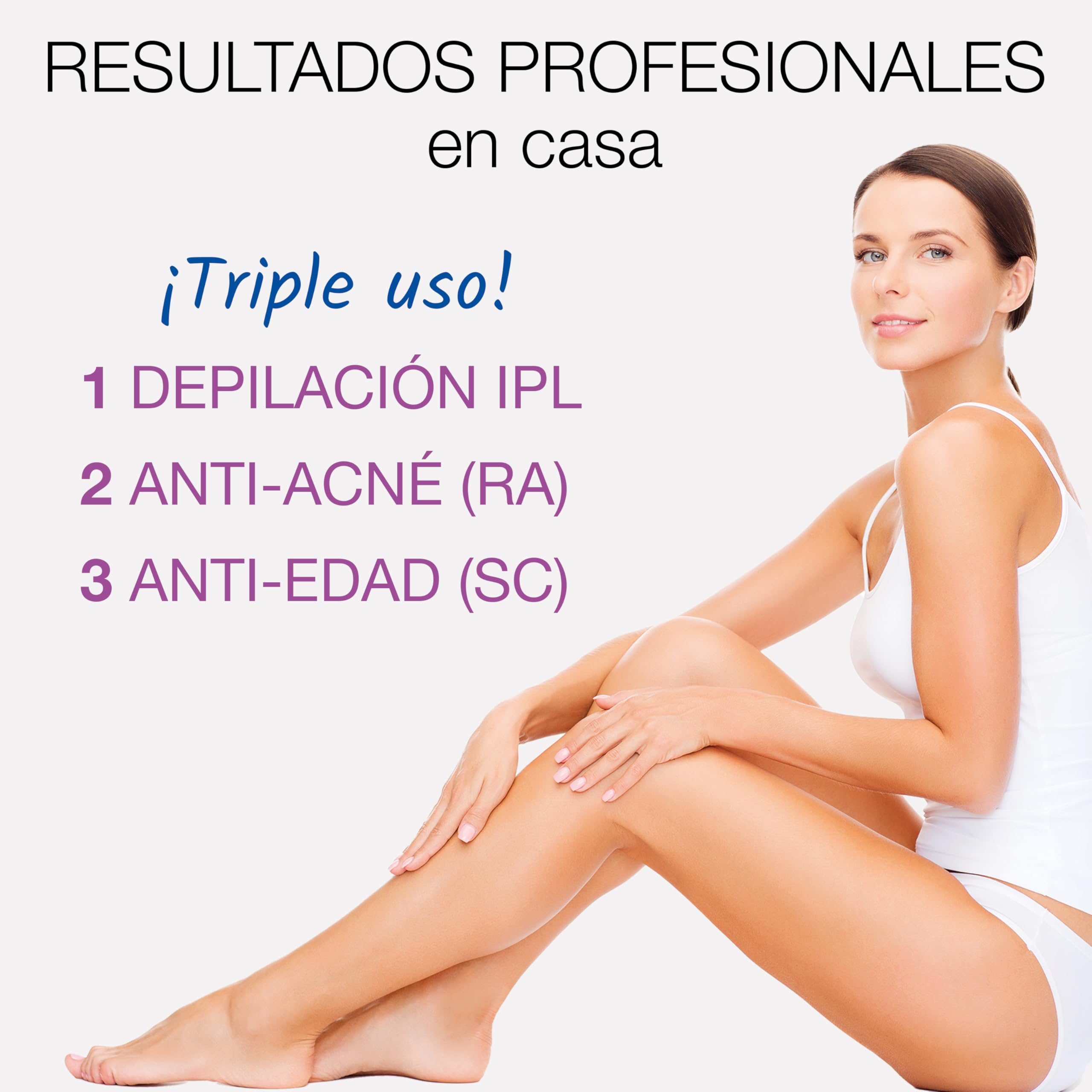 Bye Bye Depiladora IPL Tecnología de Luz Pulsada - 9 Niveles de Intensidad + Modo Frío - 3 Funciones: Depilación, Antiacné y Rejuvenecimiento - 2 Cabezales + Gafas Protección - Ligero, agarre fácil
