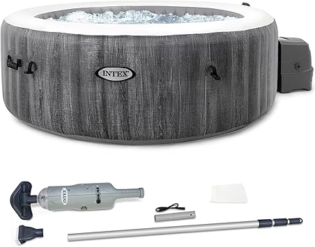Intex Rechargeable Handheld Above Ground Pool Vacuum Cleaner with 2 Brush Heads and PureSpa Plus 4 Person Bubble Massage Inflatable Hot Tub, Greywood