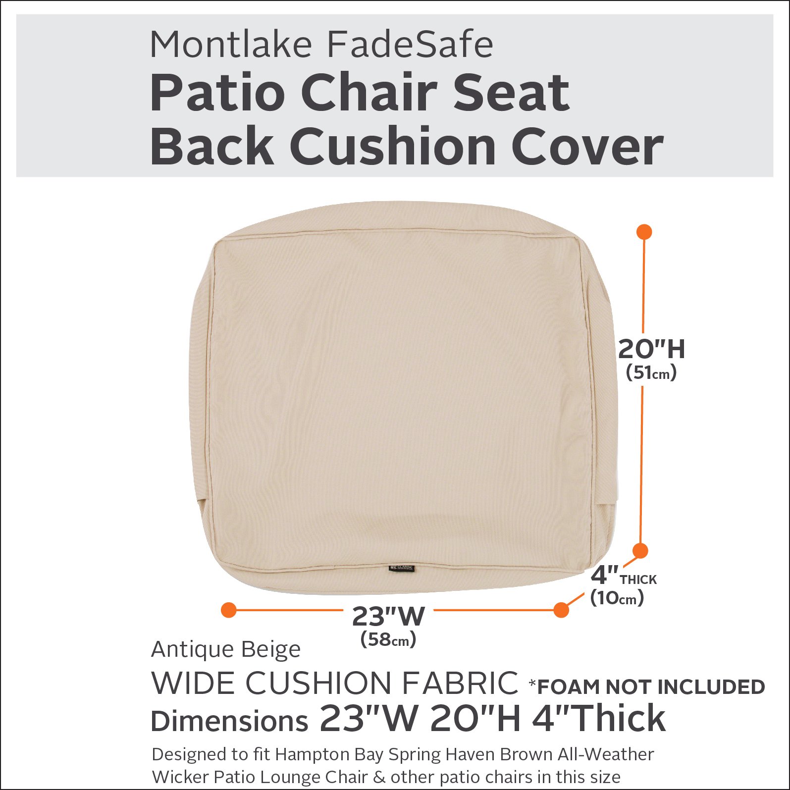 Classic Accessories Montlake FadeSafe Patio Lounge Back Cushion Slip Cover, 4" Thick - Image 3