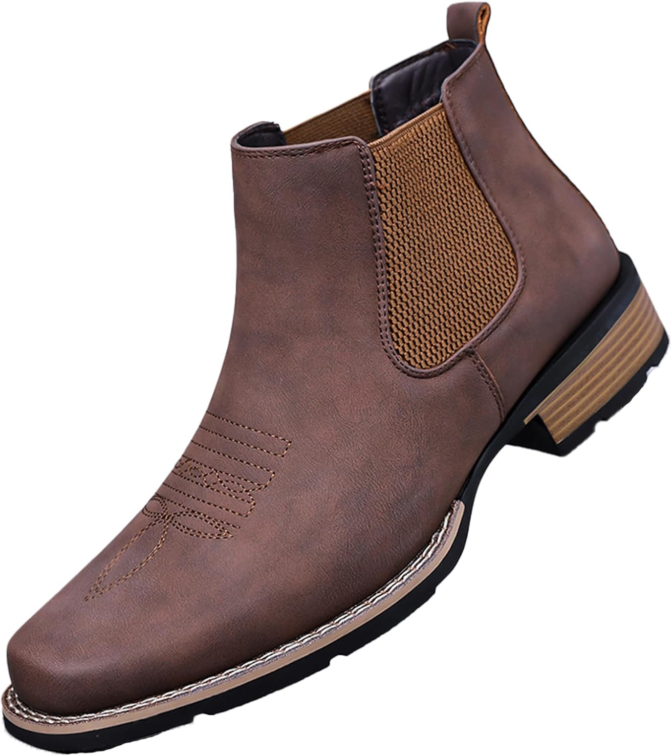 Men's Western Cowboy Chelsea Boots Classic Square Toe Cowboy Casual Work Ankle Boots Retro Stylish Slip On Casual Dress Boot