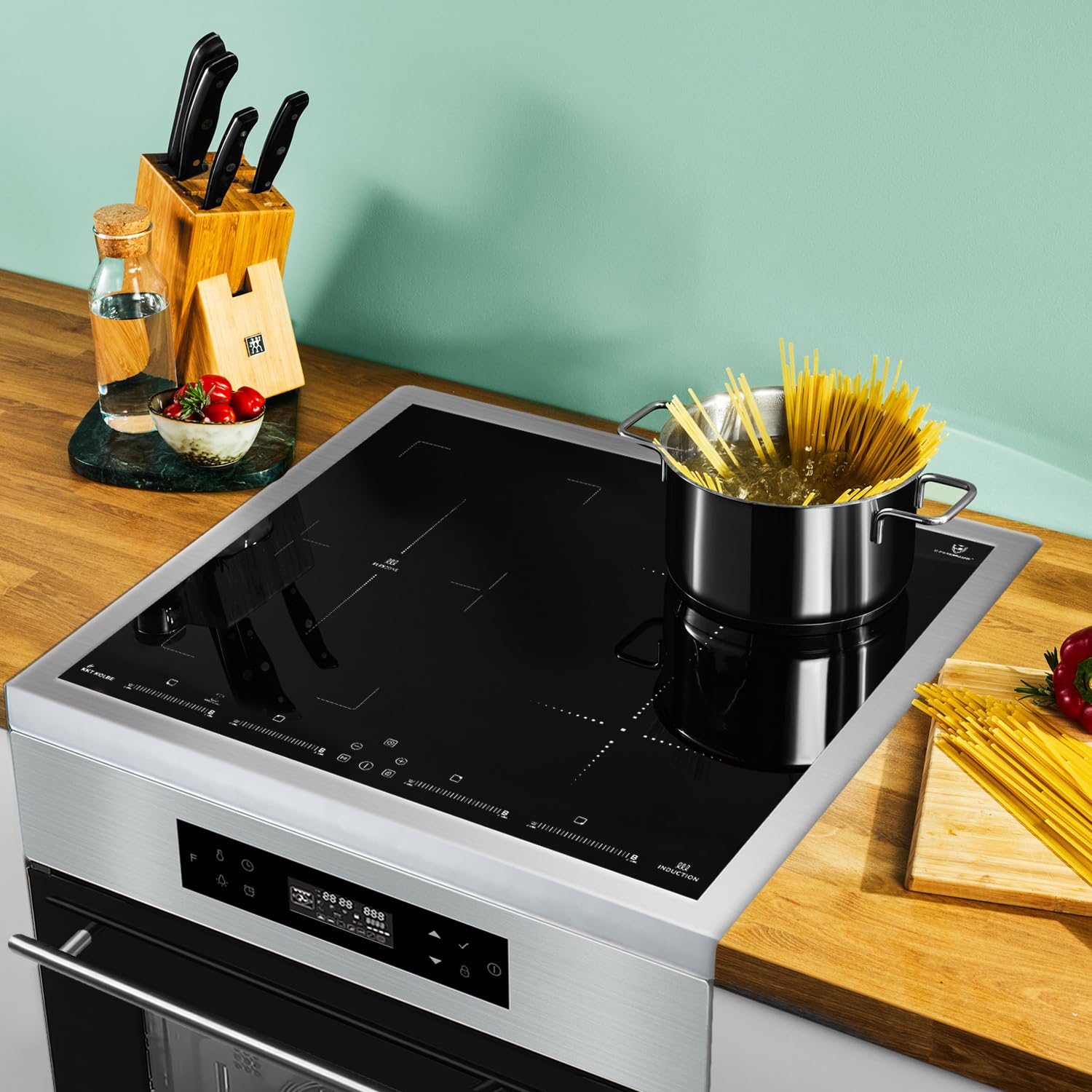 Freestanding cooker set 60 cm built-in oven 58 cm induction hob zones flex heat rotating automatic timer glass thermal insulation child safety touch control SH6313IND