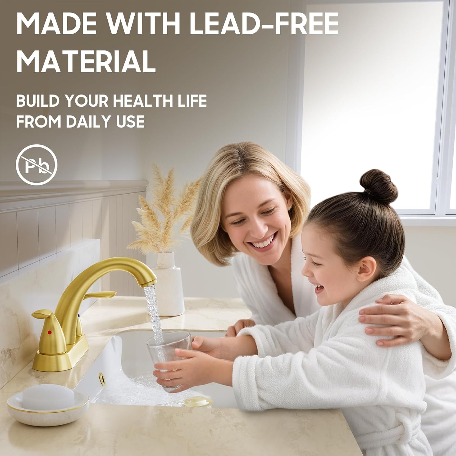 Phiestina Brushed Gold 4 Inch Centerset 2 or 3 Holes 2 Handle Bathroom Faucet, Bathroom Faucet with Copper Pop Up Drain and Water Supply Lines, BF008-5-BG