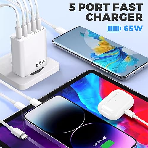 Chargeur USB C, 65W 5 Port Chargeur Rapide PD+QC 3.0, Multi Prise USB C Adaptateur Secteur USBC pour iPhone 15 14 13 12 11 Pro Max SE 2020 XS XR 8 7, Samsung - 2