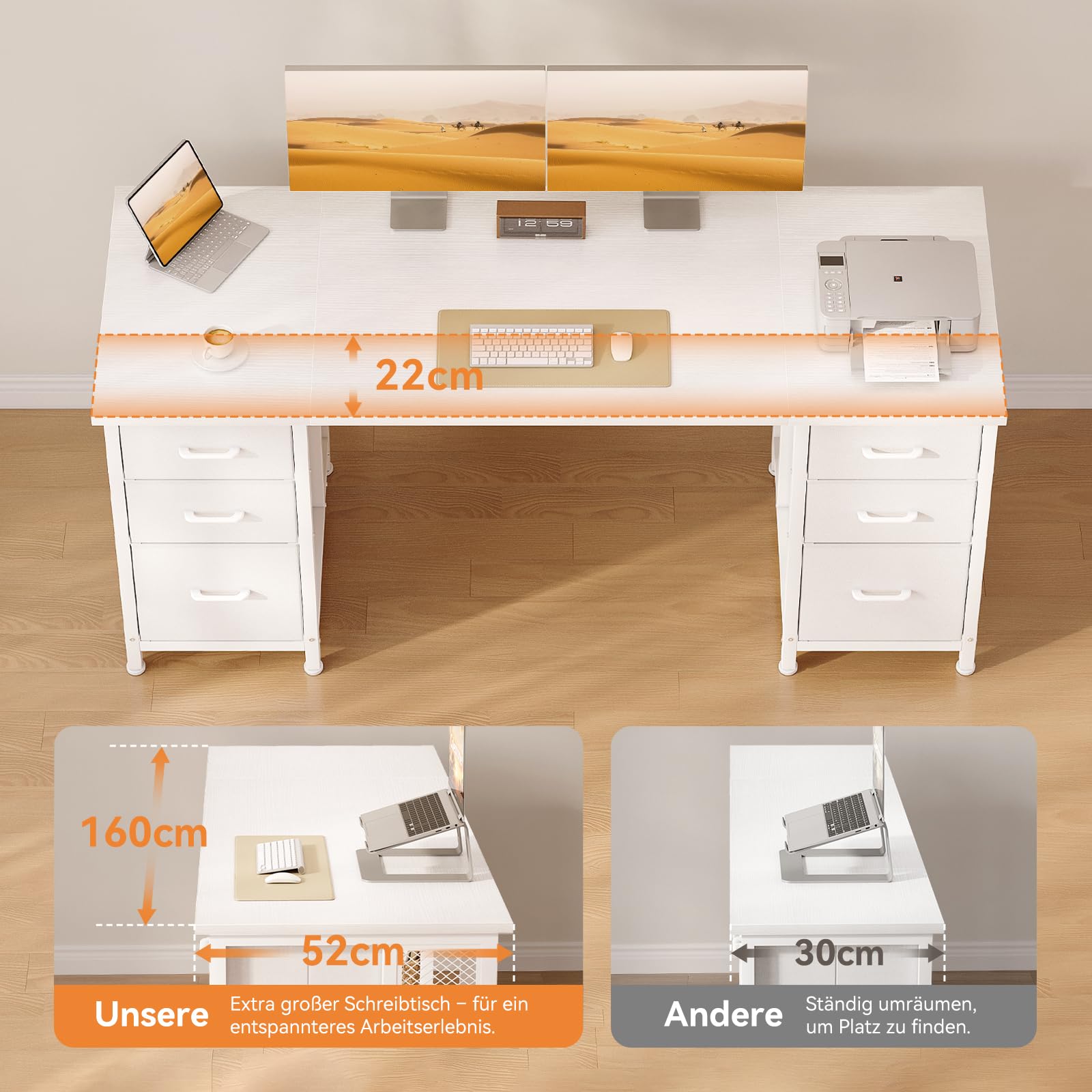 Coleshome Schreibtisch mit 6 Stoff Schubladen, 160×52 cm, Weiß | Computertisch mit Ablageflächen, Bürotisch mit CPU-Halterung, für Homeoffice, Arbeitszimmer & Büro