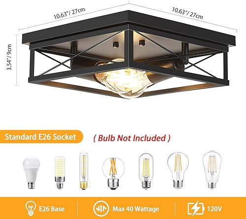 Miniatura 3 de VIOLOEMI Lámpara de techo industrial negra cuadrada de metal para pasillo, lámpara de techo empotrada para dormitorio, lámpara de techo de montaje