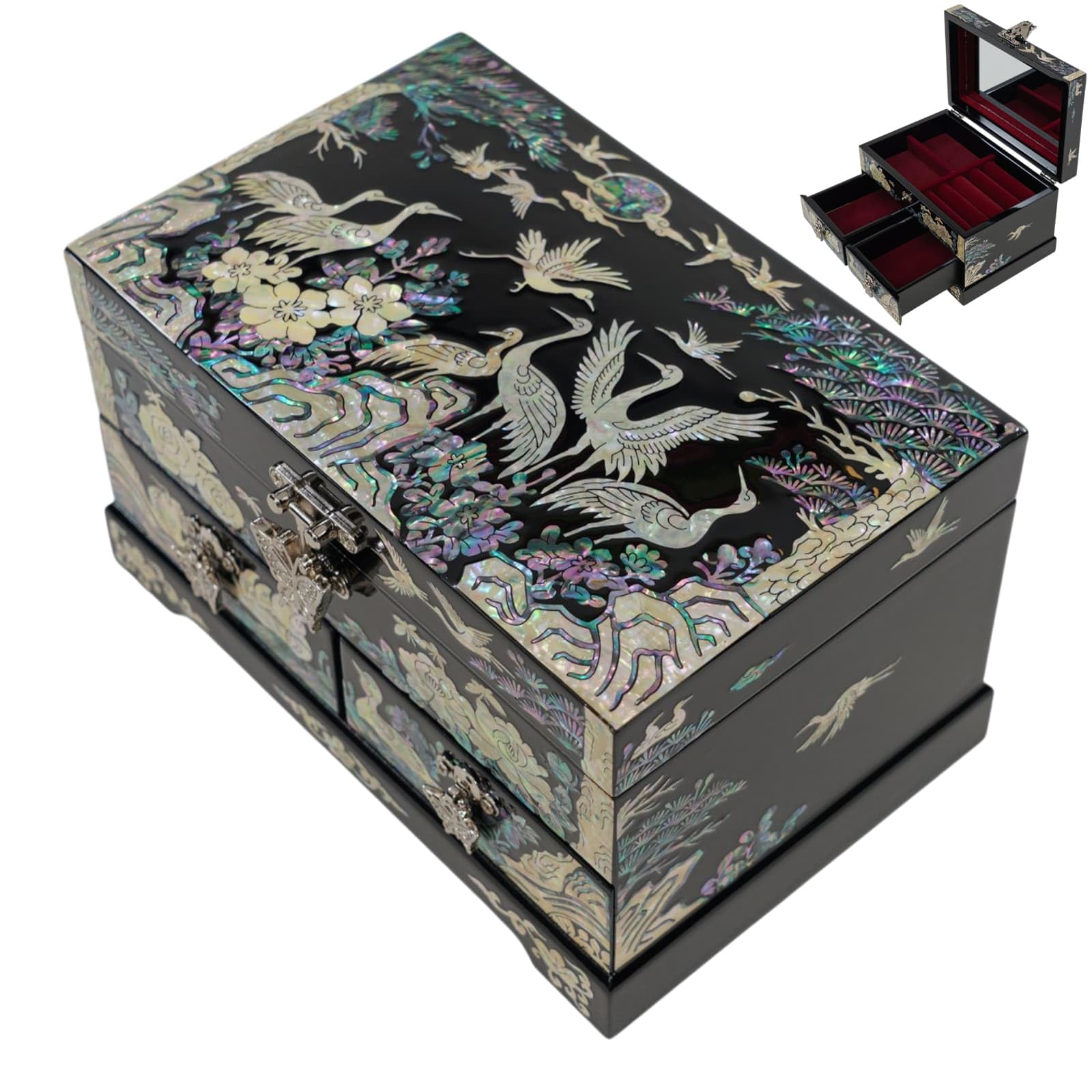 February Mountain Korean Mother of Pearl Jewelry Box – 2-Drawer Keepsake Box with Mirror, Traditional Oriental Trinket Organizer – Gift for Women, Mom, Wife, Anniversary (Crane and Pine tree - B)