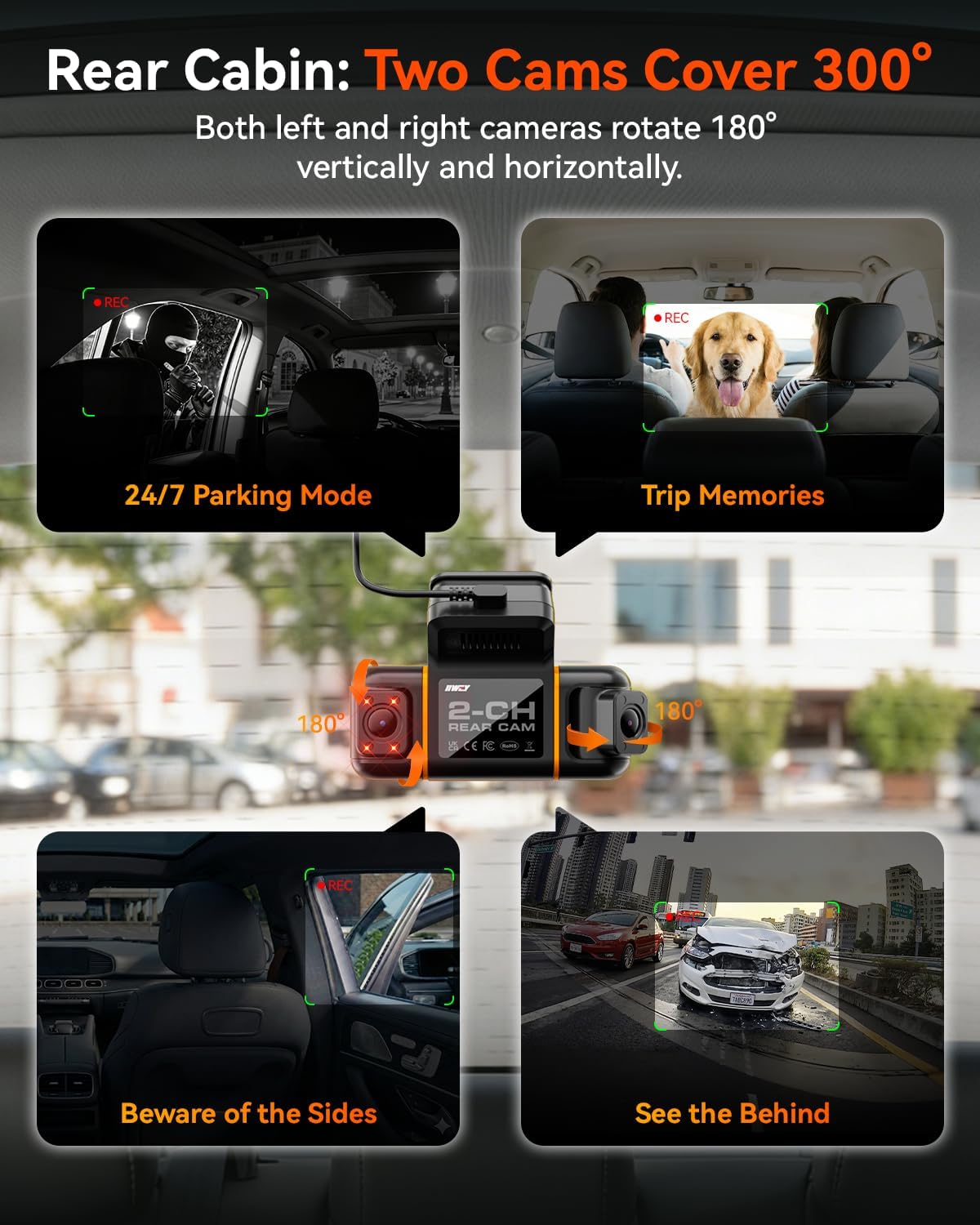 IIWEY N9 5 Channel Dash Cam 360° View, 5.8G WiFi-6 with App, Free 128GB Card, FHD Front & Rear Inside, Left, Right Dash Camera for Car, 12 IR Lights Night Vision, GPS, 24/7 Parking Mode, G-Sensor