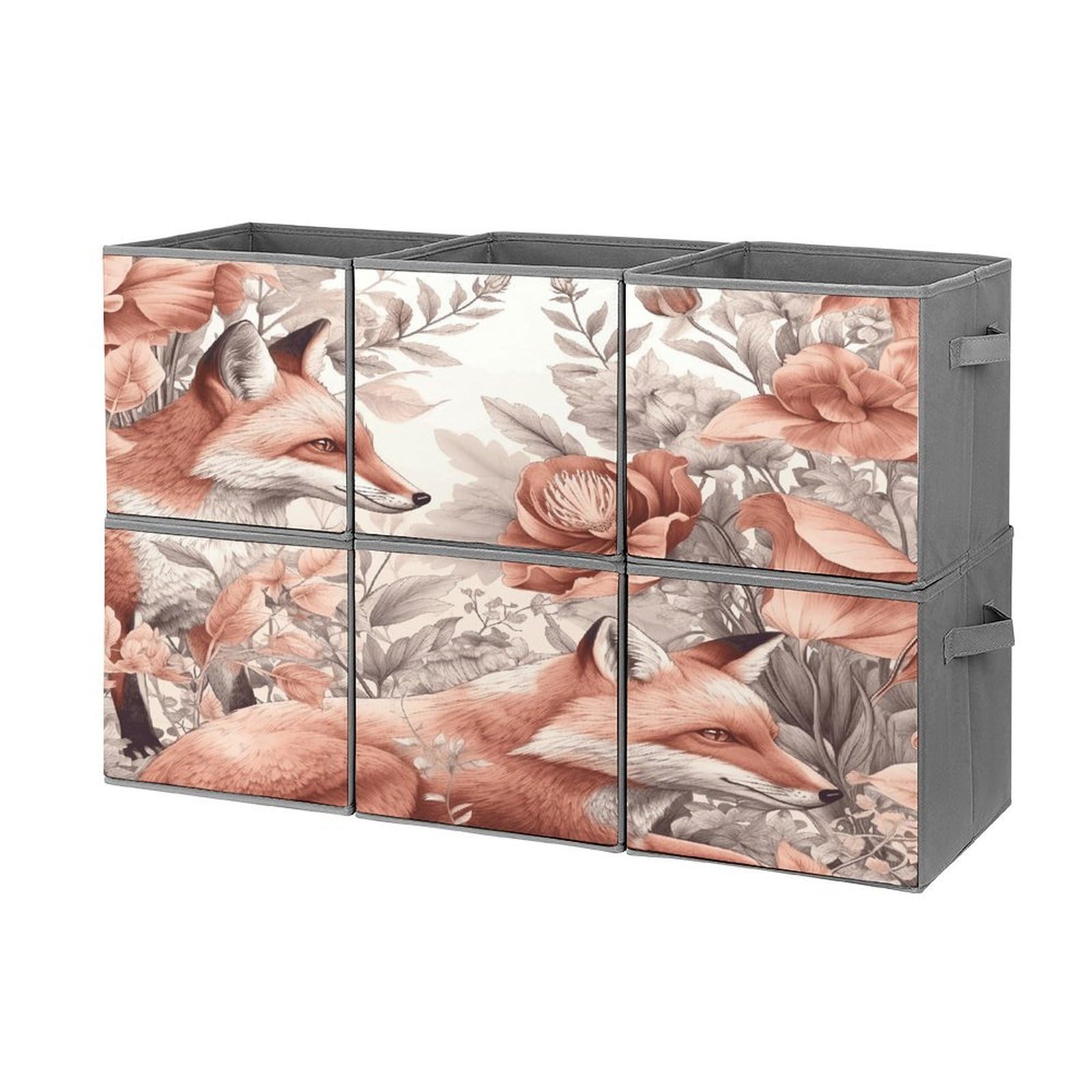 Fekiloot Style Fox And Plants Storage Bin For Foldable And Handles,Closet Organizer Of 6-Pack Stackable,Storage Box For Living,Room, Office,Bedroom,Closet