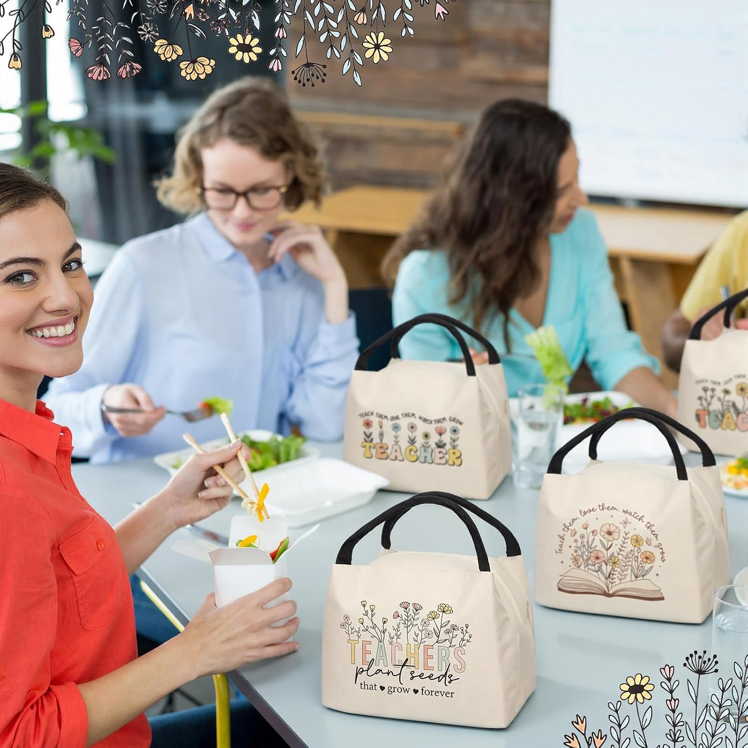 12 Pcs Teacher Appreciation Gifts Bulk Boho Teacher Lunch Bags Reusable Waterproof Thank You Insulated Lunch Boxes Floral Teaching Totes End of Year Graduation Gifts for Staff Coworker Office Team