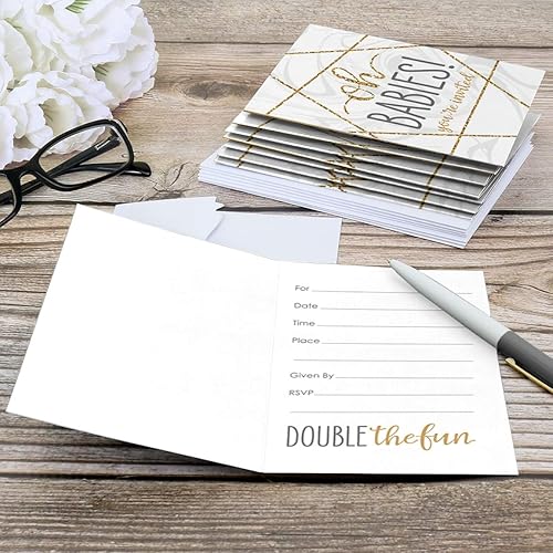 Miniatura 4 de Big Dot of Happiness It's Twins - Completa invitaciones de baby shower de gemelos dorados (8 unidades)