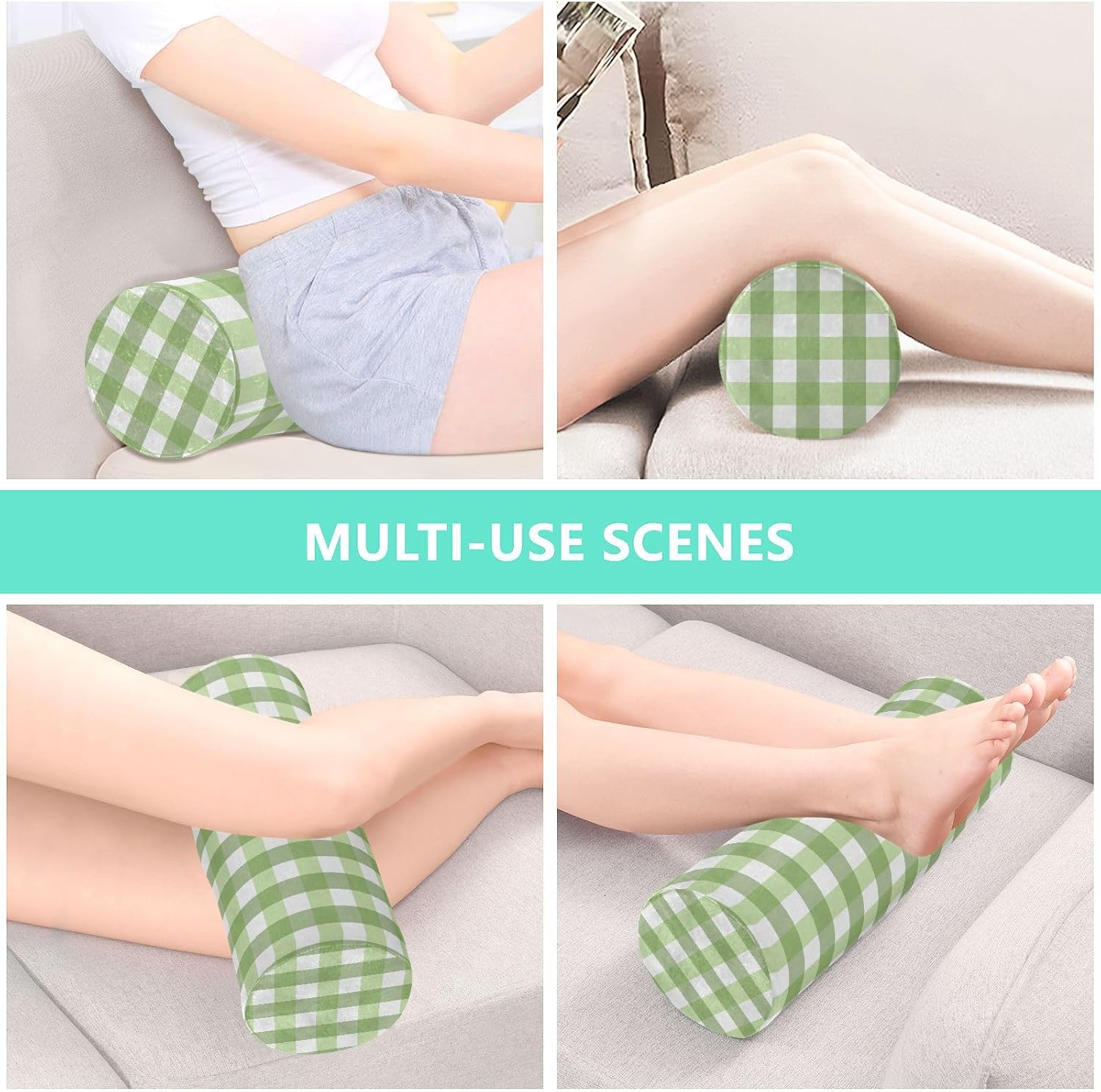 Green Stripes Plaid Neck Pillow Cervical Neck Roll Pillow with Removable Washable Cover Memory Foam Neck Pillows for Sleeping Support Cylinder Pillows for Bed Back Legs Yoga 5.5 x 17 inches