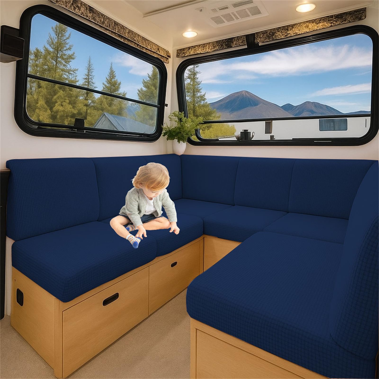 ZGDDPZA Stretch Jacquard RV Caravan Cushion Cover Non-Slip Fit Multi‑Size for Dinette Motorhome, Indoor Seating & Camper Benches (Navy blue,L 230-280cm W 50-65cm)