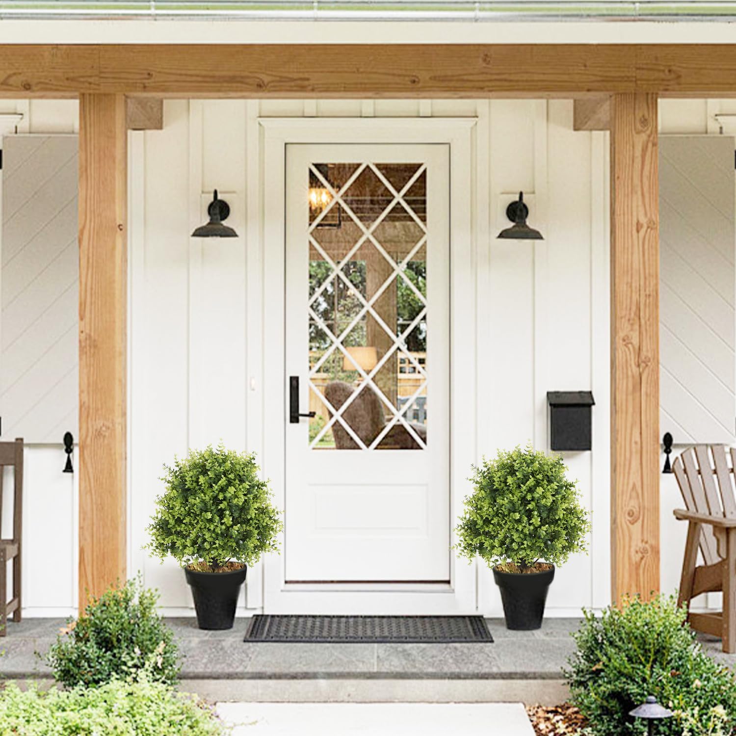 24" Faux Boxwood Plants Outdoor, Artificial Topiary Ball Trees Set of 2, UV Resistant Fake Potted Evergreen Realistic Greenery Bushes Shrubs for Outside Front Porch Planter Patio Indoor Decor 2ft Tall - Image 3