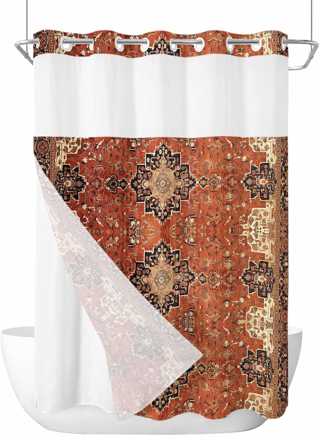 No Hook Shower Curtain and Snap in Liner Set, Southwest Bathroom Stall Shower Curtains 48x72 Inch, See Through Mesh Top Window, Geometric Stripe Boho Native Flower Print Hotel Style, Waterproof
