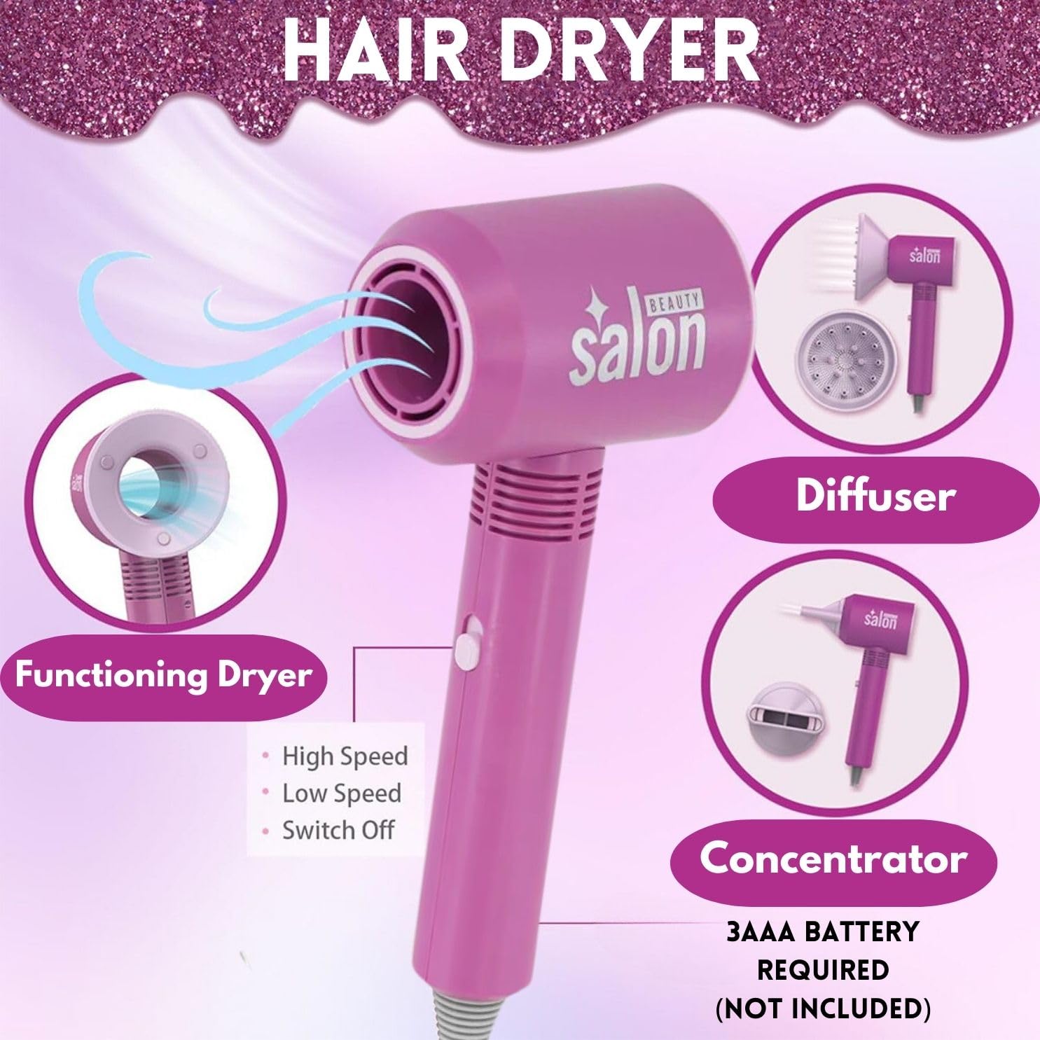 18 PCS Girls Beauty Hair Salon Toy Kit with Hairdryer, Straightener & Styling Accessories, Fashion Pretend Play Doll Stylist Set for Kids and Toddlers