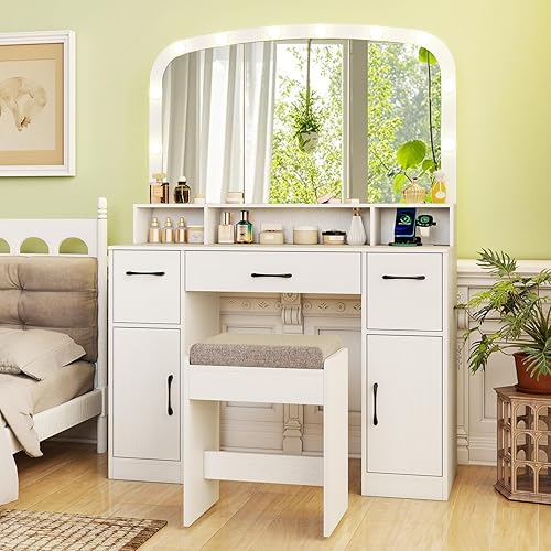 CHARMAID Escritorio de tocador blanco con espejo arqueado y luces, mesa grande de maquillaje con estación de carga, cajones y armarios de