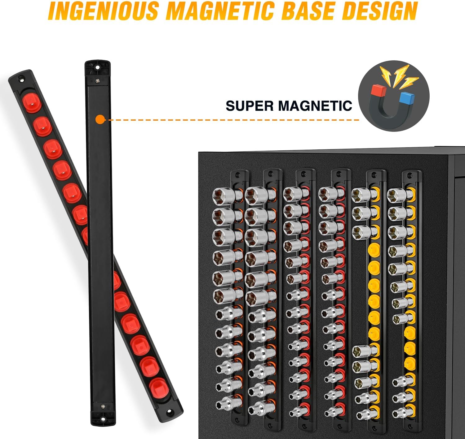 GOOACC Magnetic Socket Organizer 1/4" 3/8" 1/2" Socket Holder Set Heavy Duty Aluminum Socket Rail Organizers for Tool Box Drawer, 6 Pieces Magnetic Socket Rails Holds 80 Swivel Clips Orange Red Yellow