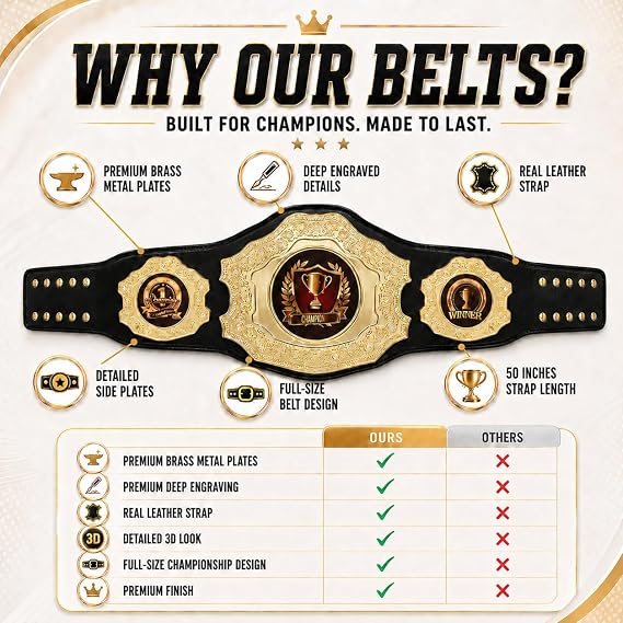 HANDSY Die Cast Heavy Championship Belt Adult – Real Leather Trophy Belt for Sports, Awards, Gifts, Events, and Wrestling