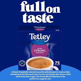 Tetley Extra Strong Black Tea Bags - Deep, Rich & Invigorating Flavour - Infused with Assam for Strength - Stronger Brew for Tea Lovers - Rainforest Alliance Certified - 450 Teabags (6x75 Pack)