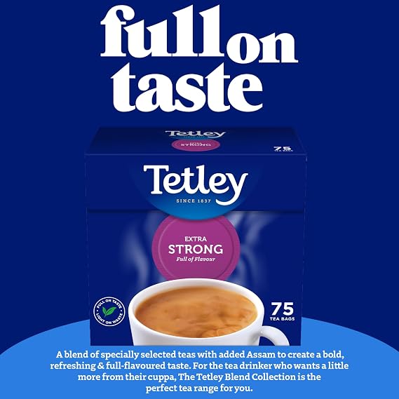 Tetley Extra Strong Black Tea Bags - Deep, Rich & Invigorating Flavour - Infused with Assam for Strength - Stronger Brew for Tea Lovers - Rainforest Alliance Certified - 450 Teabags (6x75 Pack)