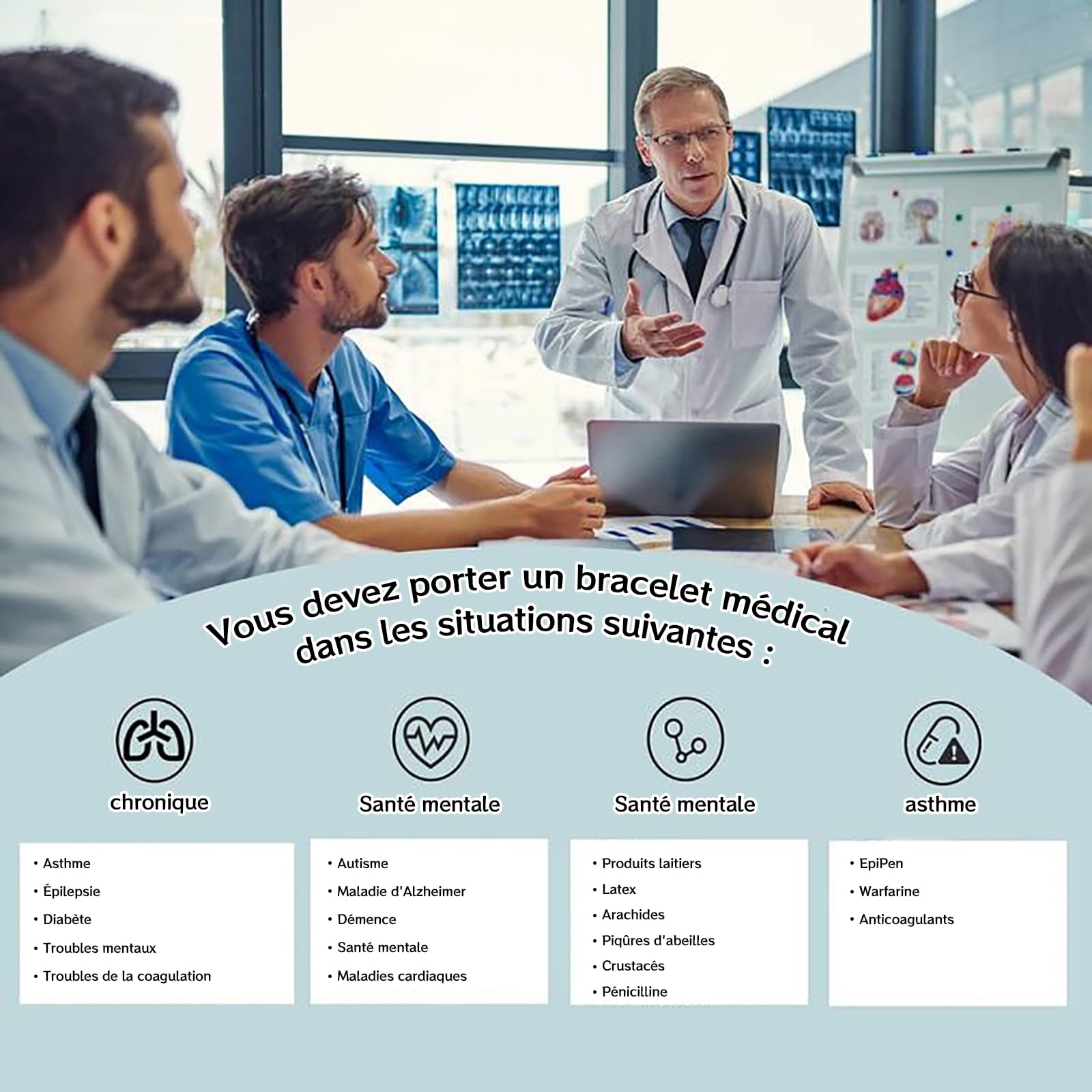Bracelet D'Alerte MéDicale D'Urgence Plaquette D'Identification Personnalisable Ajustable De 13 à 23 Cm Bande éLastique En Acier Inoxydable IdéAl Pour La FêTe Des PèRes