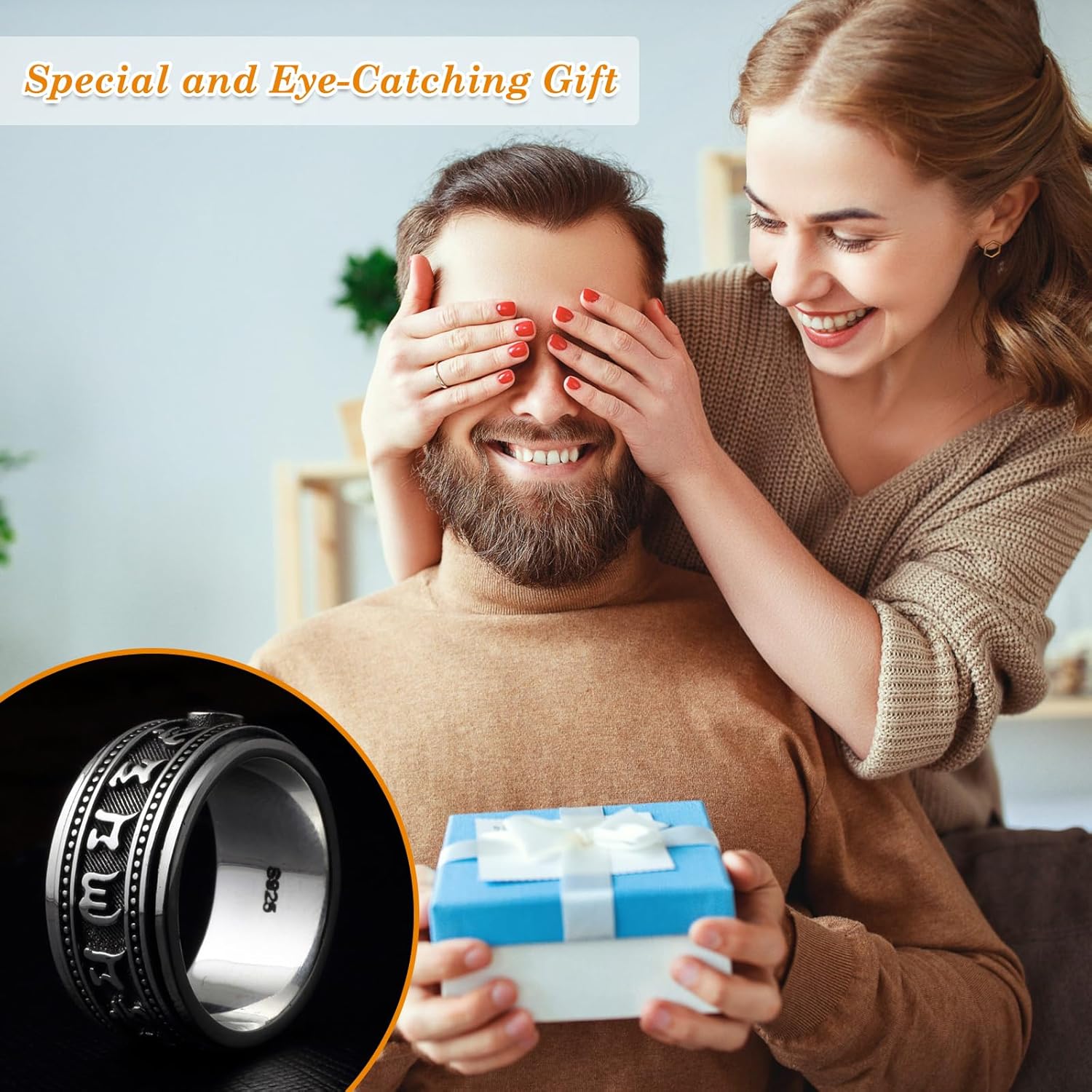 Feng Shui Ring, Tibetan Six Words Mantra Ring, S925 Stering Silver Engrave Cameo Rings Protection Amulet Wealth Lucky Love Jewelry for Men Women