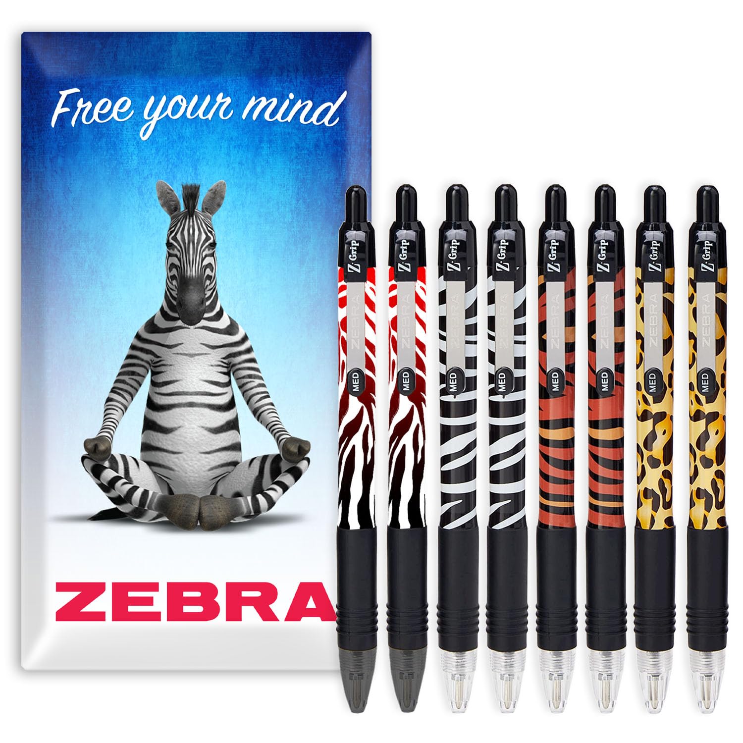 Zebra Z-Grip Smooth Ballpoint Pen - 1.0mm Nib - Funky Animal Print Barrels - Black Ink - In Envelope Gift Packaging (Pack of 8)