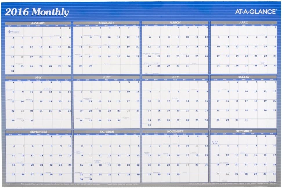 AT-A-GLANCE Yearly Wall Planner Calendar 2016, Erasable, Reversible, Quarterly, 36 x 24 Inches (A1102)