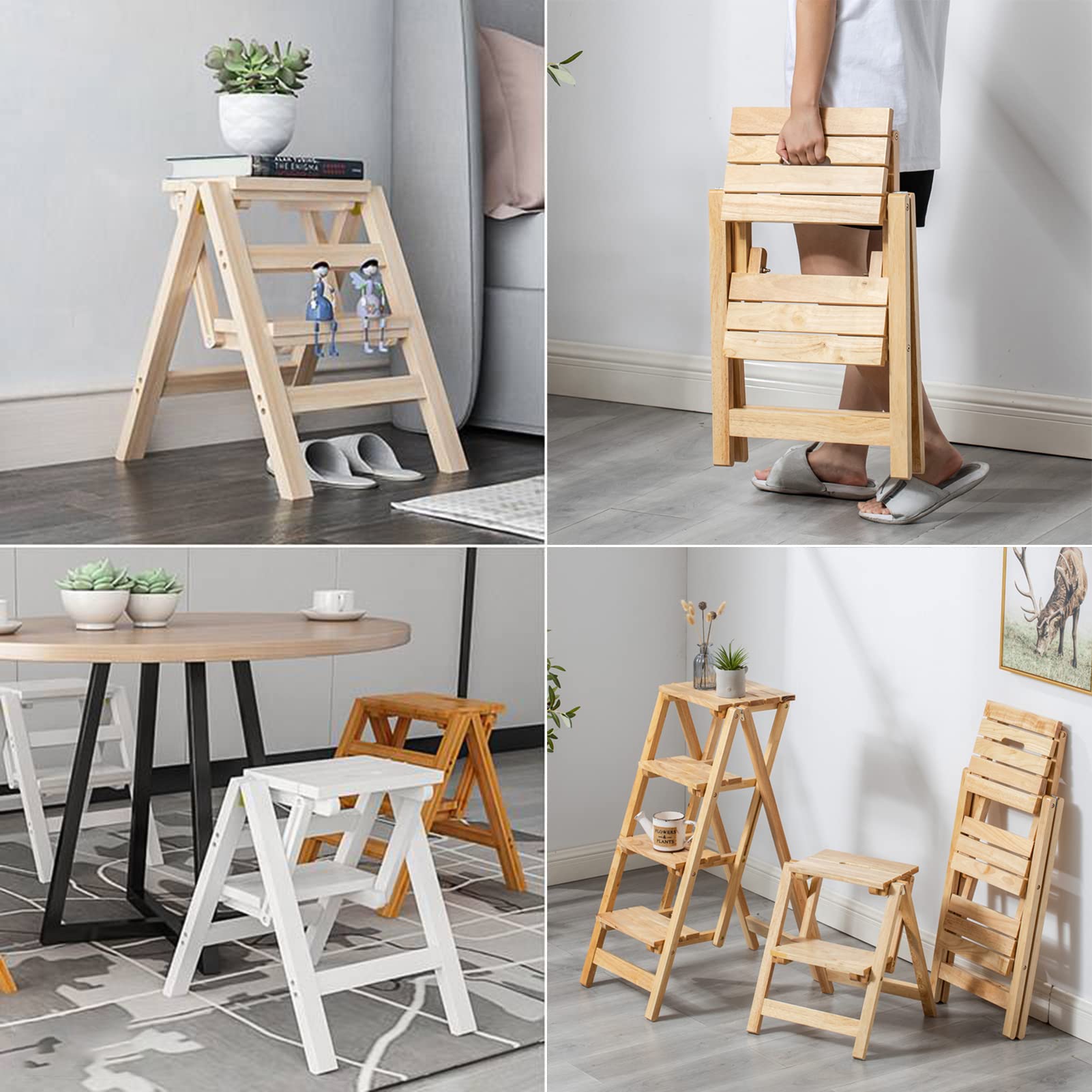 2-stufige Leiter, zusammenklappbarer Tritthocker aus Holz, rutschfest, stabil, kompakt, mit breitem Pedal, Aufbewahrungsregal, Pflanzentöpfe, für Zuhause, Küche, Garten, Büro, 330 lbs