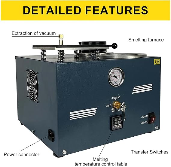 McbeAn Jewelry Cast Machine, Vacuum Investment Casting Machine with Barometer, High Temperature Refining Precious Metal Jewelry Casting Tool 1/2 HP, for Silver, Gold