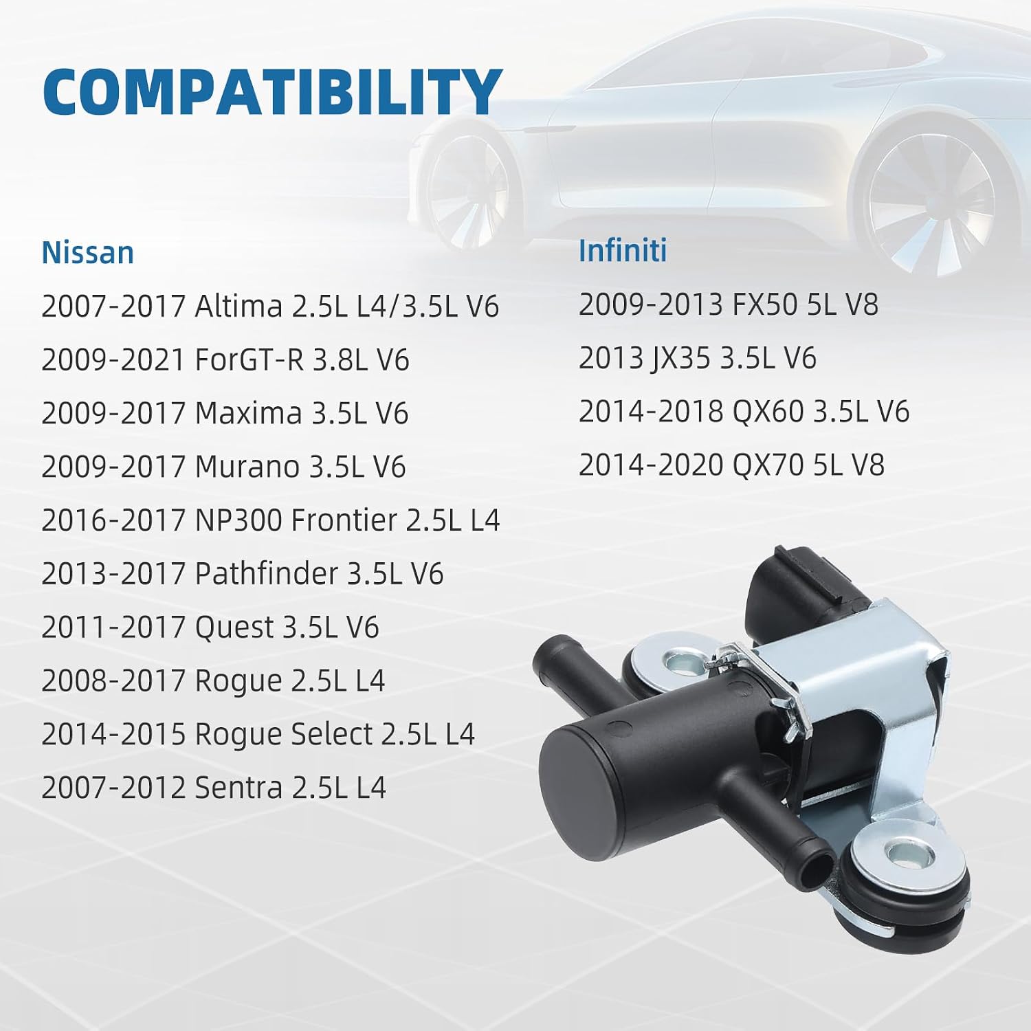 Vapor Canister Purge Valve Solenoid Compatible with Nissan 2007-2017 Altima 2009-2021 GT-R Maxima Murano NP300 Frontier Pathfinder Quest Rogue Rogue Select, Infiniti FX50 JX35 QX60 QX70, OE 911-509