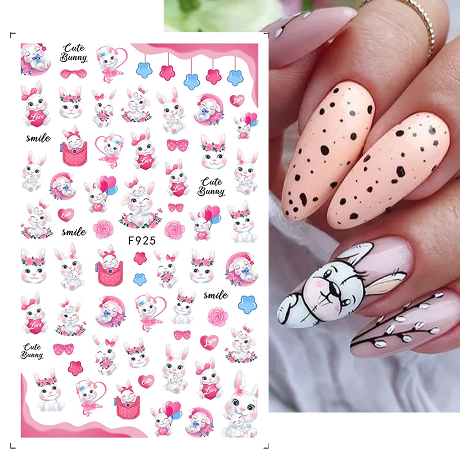 Easter Nail Art Water Decals – Bunny Rabbit & Egg Transfers – Black Design (Sheet 1258) - View #2