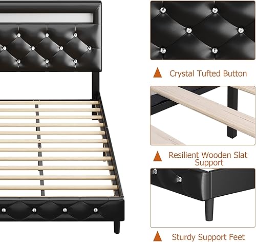 Miniatura 8 de Keyluv Moderno marco de cama Queen tapizado con luces LED, base de cama de piel sintética de bajo perfil, cabecera capitoné ajustable con botones de