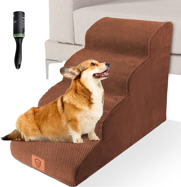 ZNM Dog Steps for Bed, 4-Step Pet Stairs with Washable Cover, Large Dog Stairs, Pet Ramp Ladder for Dogs and Cats - Send Sticky Lint Roller