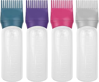 ELANE 4 Pcs Root Comb Applicator Bottle, 6oz, Hair Oil Applicator Bottle for Hair, Dye, Shampoos, Salons, Camping, Traveling (Purple+Grey+Red+Green)