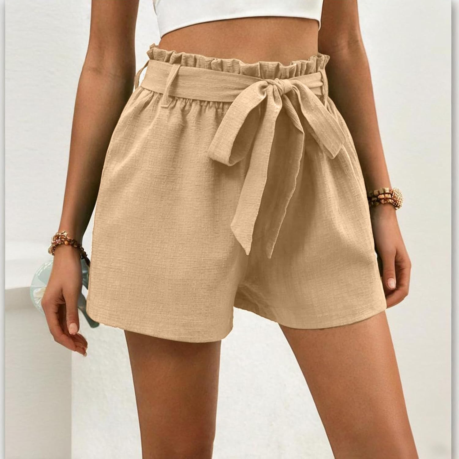 Womens Summer Shorts with Pockets Lightweight High Waisted Adjustable Tie Knot Loose Casual Short Wide Leg Shorts