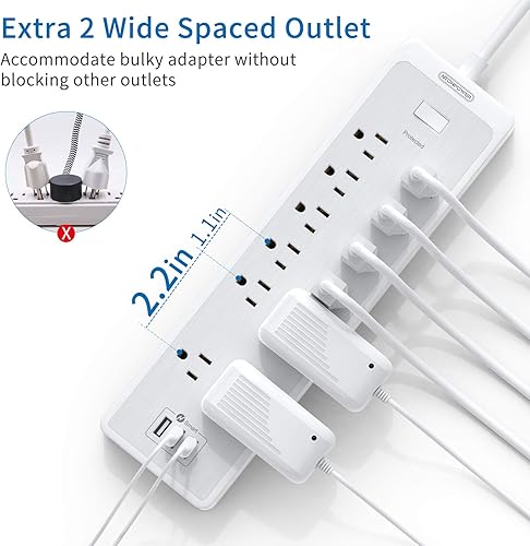 Miniatura 9 de NTONPOWER - Cable de extensión de 25 pies, protector contra sobretensiones de 2100 julios con 12 salidas y 3 puertos USB, 1875 W15 A, protección