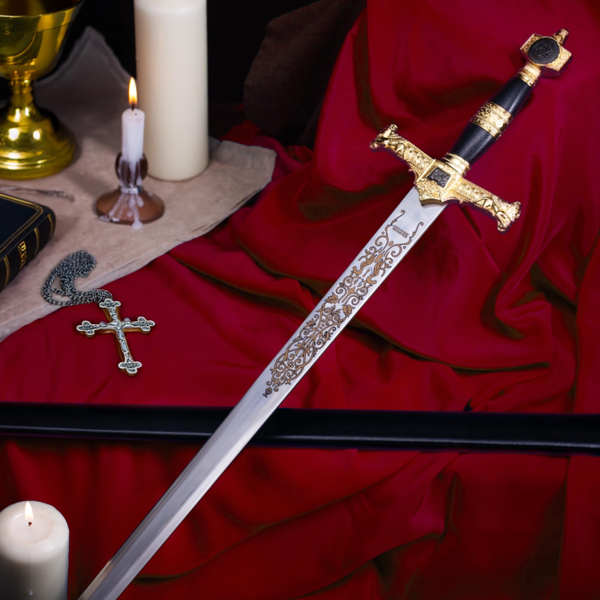 57 SPECIAL REPLICAS Schwert Replik Templer – Kurzschwert Edelstahlklinge mit Gravur – Mit Scheide & Lederriemen – Ritterstil – Dekorative Replik