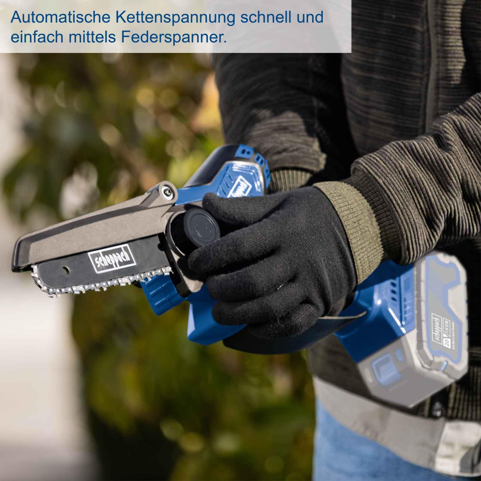 Scheppach Akku Gehölzschneider BC-PS150-X | Schnittlänge 150mm | Schwertlänge 6" | Schnittgeschwindigkeit 6,8 m/s | Autom. Kettenspannung | 20V-IXES-Serie | 10 Jahre Garantie | Ohne Akku & Ladegerät