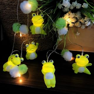 Novelty LED String Light with Pom Poms and Painted Cartoon Animals Frog Adornment Battery Powered Warm White Fairy Light for Kids Room Christmas Halloween Decoration (1.65m/10leds, Funny Frog)