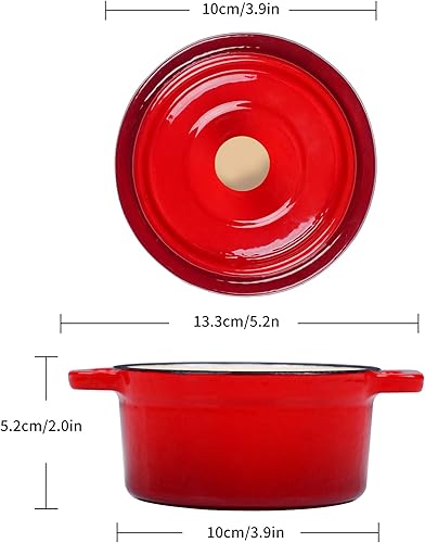 Velaze Enameled Cast Iron Casserole Dish with Lid, 250 ML Non-stick Round Enamel Cast Iron Dutch Oven, Mini Enamel Dutch Ovens Pot for All Heat Source - Classic Red - 2
