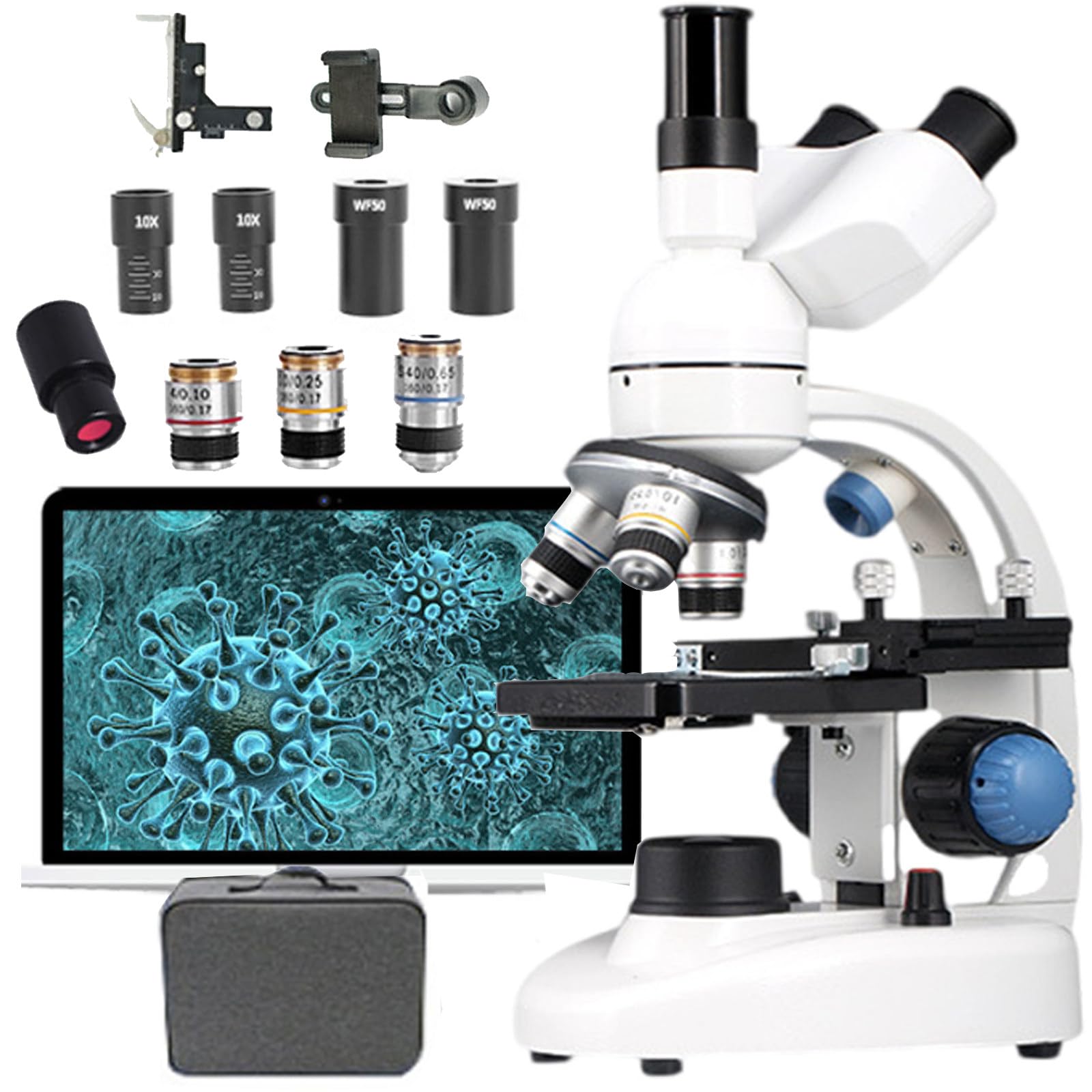 Microscopios Trinoculares, Microscopios BiolóGicos Compuestos 40x-50000x con Ocular ElectróNico, Microscopio con Etapa MecáNica+Enfoque Ultrapreciso, Microscopios BiolóGicos,White