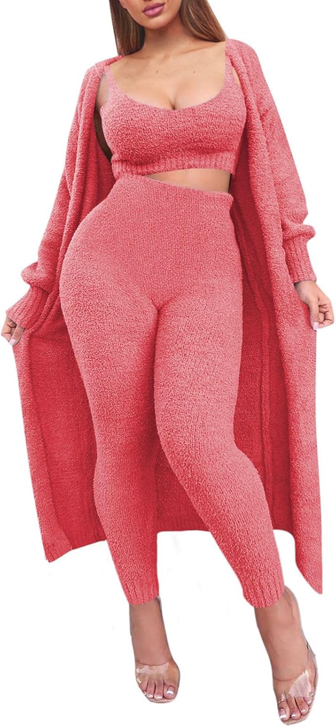 Fixmatti Women's Fuzzy 3 Piece Sweatsuit Open Front Cardigan Crop Tank Tops Wide Legs Pants Lounge Sets